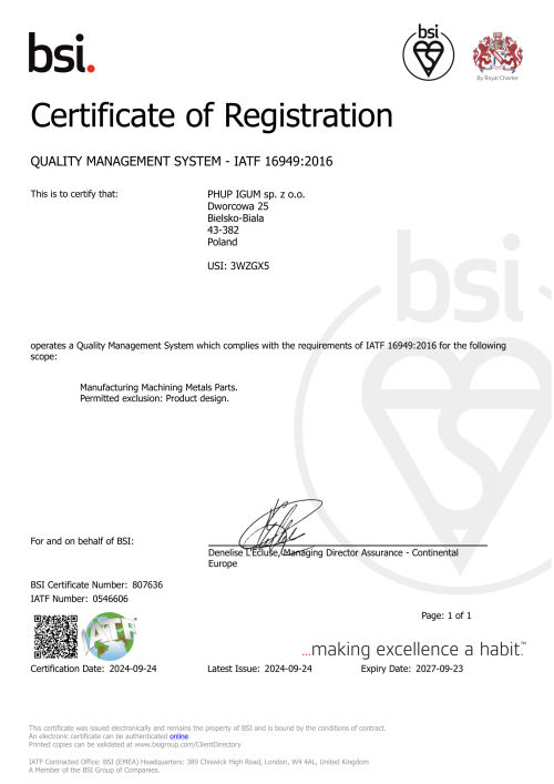 Certyfikat IATF 16949:2016 PHUP IGUM sp. z o.o. - zarządzanie jakością w produkcji części metalowych.