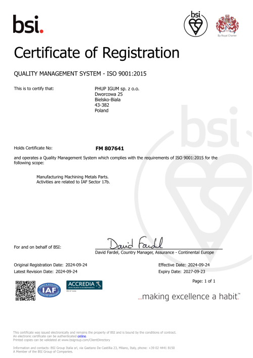 Certyfikat ISO 9001:2015 PHUP IGUM sp. z o.o. - jakość zarządzania w produkcji części metalowych.